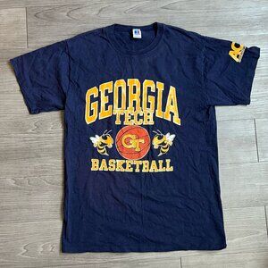 Vtg 90s Georgia Tech Basketball Russell Athletic Graphic Tee Navy Blue Size L